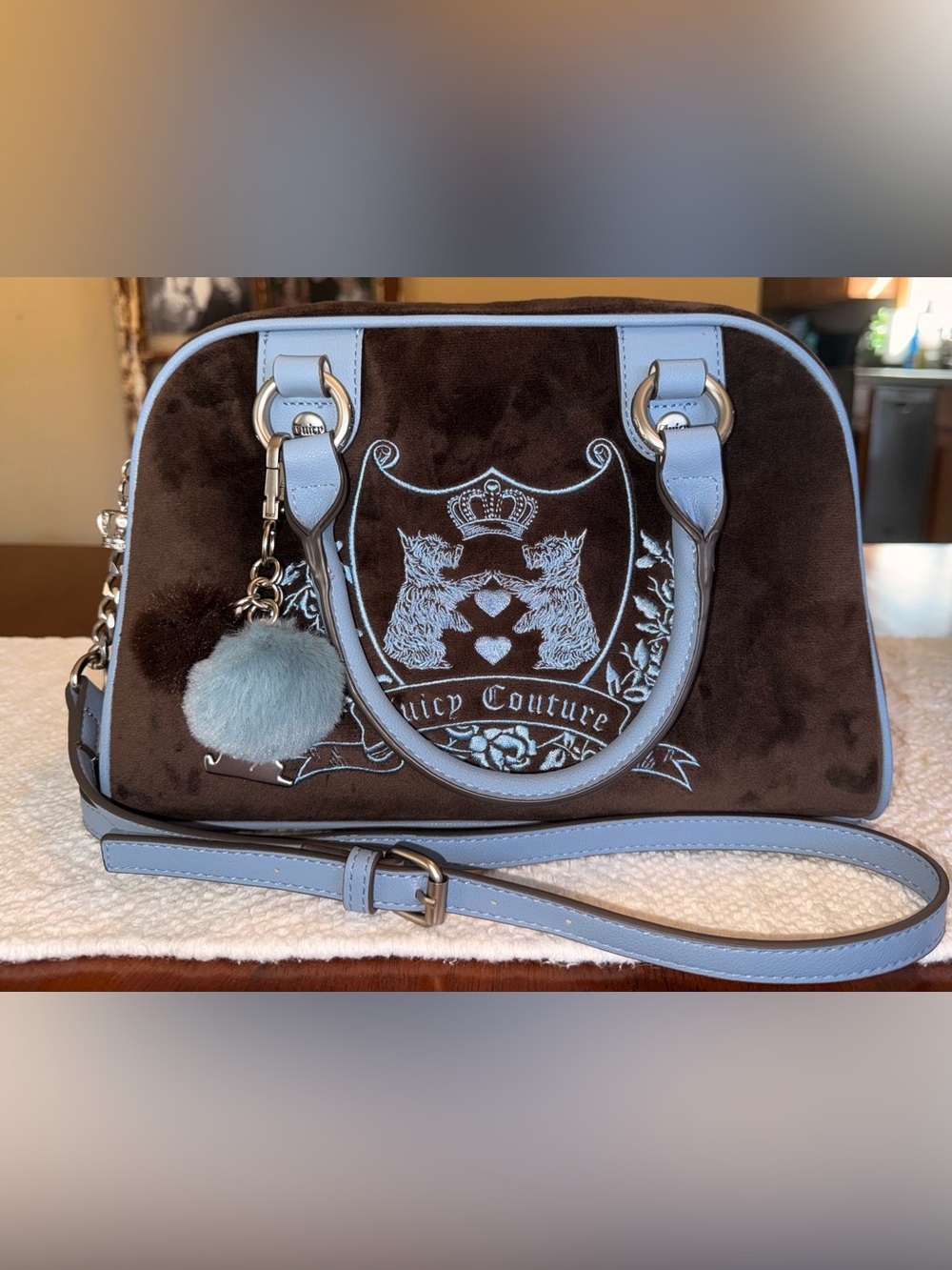Juicy Couture Chocolate/Blue New Love Chapter Satchel with Crossbody Strap